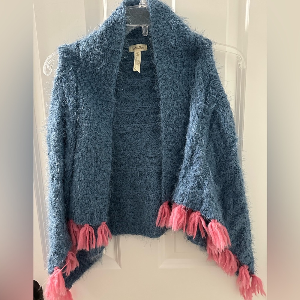Matilda Jane Size 8 Blue Sweater Vest with Pink fringe VGUC